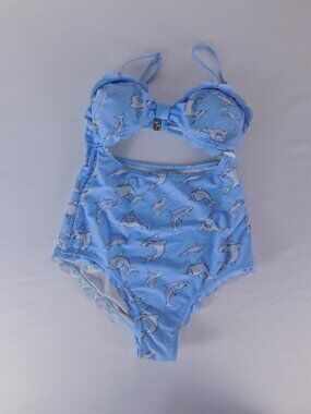 Haikyuu Swimsuit Womens S Blue Shark Print Cutout One Piece Padded Ruffle Straps